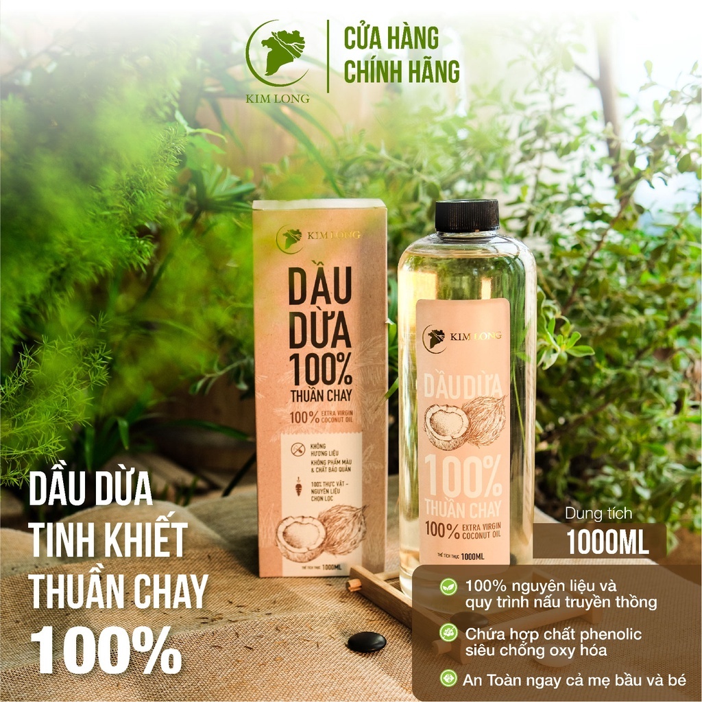 1 Lít Dầu Dừa Kim Long nguyên chất 100% - Thuần chay - Hỗ trợ dưỡng da, dưỡng tóc, dưỡng môi, ngừa rạn da