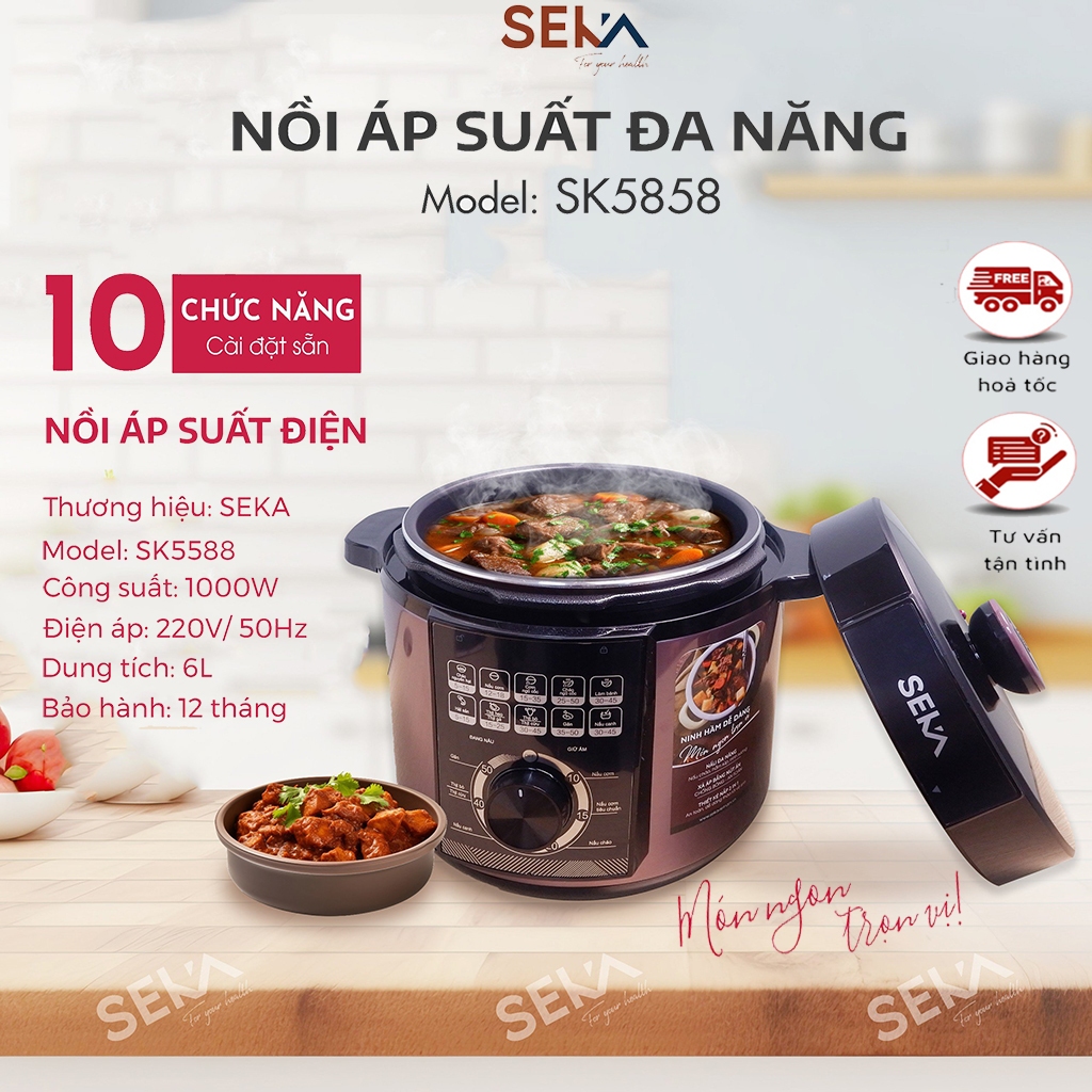 Nồi Áp Suất Điện Đa Năng Seka SK5858- 6 Lít Cho Cả Gia Đình, Ninh Hầm Siêu Nhanh Tiết Kiệm Thời Gian - Bảo Hành 12 Tháng