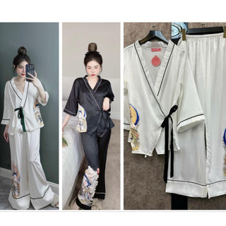 Đồ Bộ Mặc Nhà Pijama Lụa Xước Cao Cấp - Dây Cột Chéo Kimono - Freesize 40-60kg