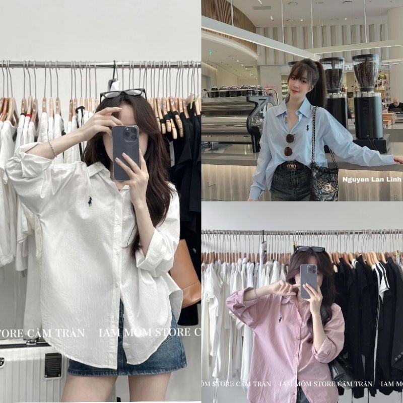 Áo Sơ Mi Thô Basic Thêu Ngựa Dài Tay Size S M - Halinh Shop - Áo Sơ Mi Thêu Ngựa Form Thụng