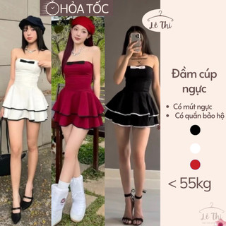 Đầm cúp ngực xòe tầng ôm body đính nơ sexy, váy body tiểu thư dáng ngắn có mút ngực|Lê Thi Clothing