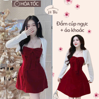 Đầm cúp ngực nhung thắt nơ kèm áo khoác sang chảnh, đầm đỏ đi chơi tết thanh lịch| Lê Thi Clothing