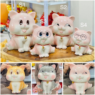 Heo đất tiết kiệm cho bé kiểu dáng mèo Kitty, màu men vàng, xám, hồng