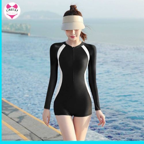 Bikini Đồ Bơi 1 Mảnh Khóa Kéo Đồ Bơi Nữ Đi Biển Tay Dài + ngắn Đen Khóa Kéo Dáng váy Sexy [Cao Cấp]