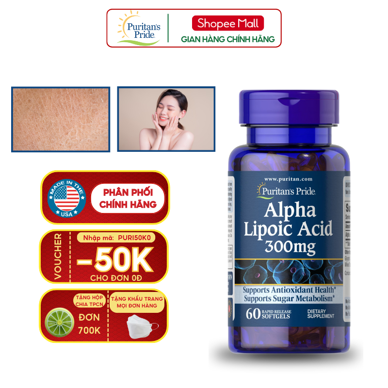 Chống lão hóa, giảm tàn nhang Puritan's Pride Alpha lipoic acid 300mg 60 viên của Mỹ