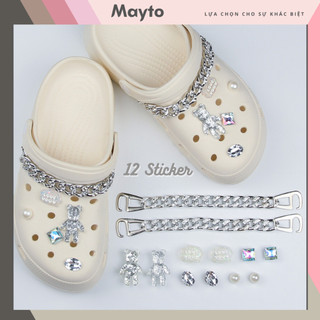  Set 12 Sticker Charm 3D chủ đề Bling gấu trong kèm xích DIY Mayto gắn Dép Sục JB-136 