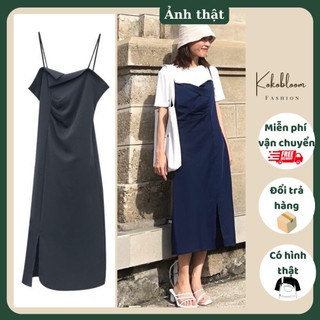 Váy yếm xanh vải cotton xẻ tà một bên phong cách Hàn Quốc