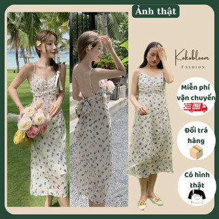 Váy hai dây Hàn Quốc họa tiết hoa 2 lớp, thắt nơ phía sau