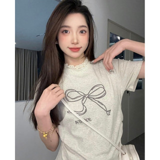   Order - 1630  Áo thun nơ Xám cổ ren dáng ngắn baby tee thun dày dặn Lilis Room 