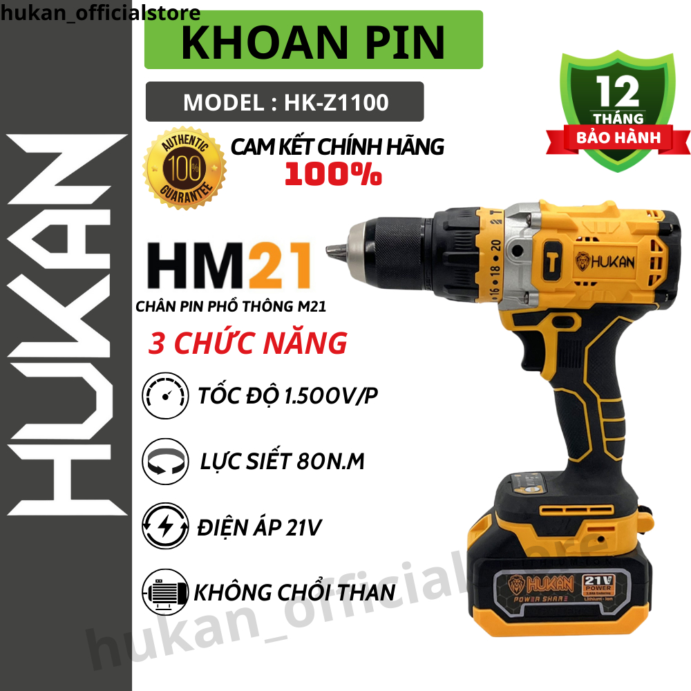 Máy Khoan Pin HUKAN Z1100 - Không chổi than lực siết 80Nm - Đầu 13mm autolock - Khóa trục