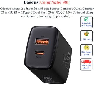 Cốc sạc nhanh 2 cổng U+C siêu nhỏ gọn Baseus Compact Quick Charger 20W QC 3.0- Chân dẹt