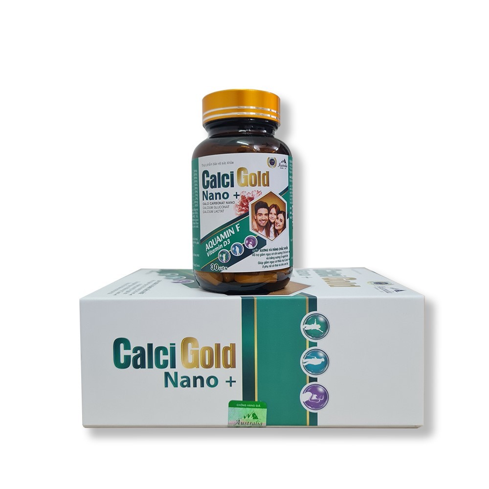 Calci Gold Nano+ Viên canxi, vitamin D3 giảm nguy cơ còi xương ở trẻ, loãng xương, thiếu hụt calci ở mẹ bầu (Hộp 30v)