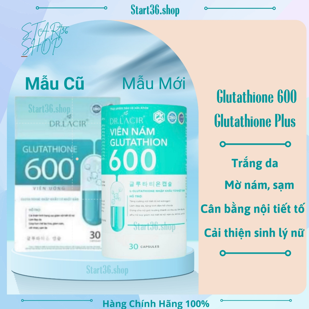 Viên uống trắng da glutathione 600 và viên uống lacir glutathione plus ngừa nám cải thiện nội tiết tố nữ hộp 30 viên