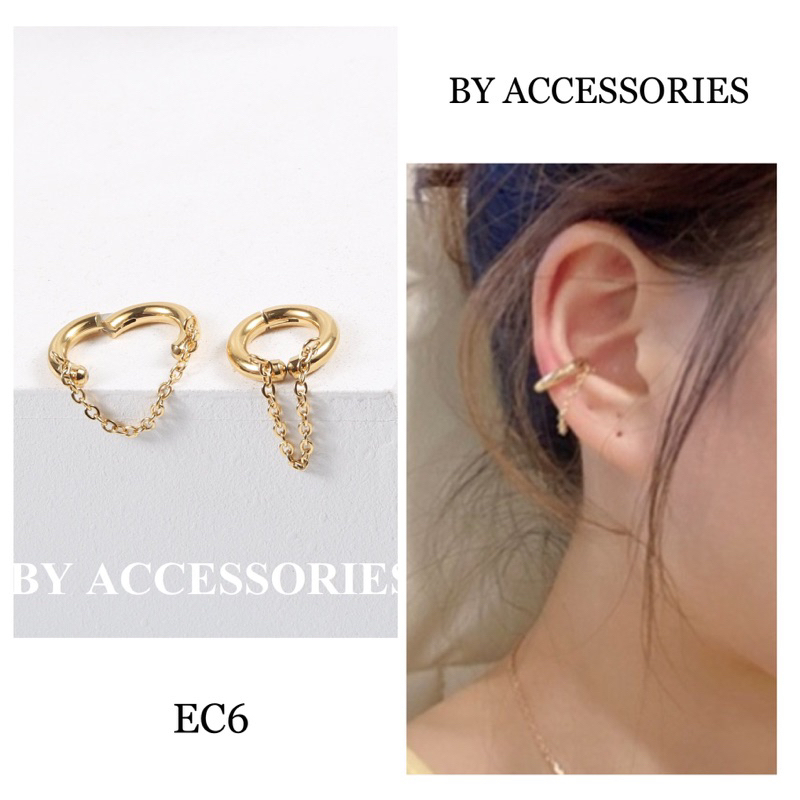 Bông tai nữ unisex titan kiểu tròn phối xích dạng kẹp gắn vành tai không cần bấm lỗ tai không gỉ EC6