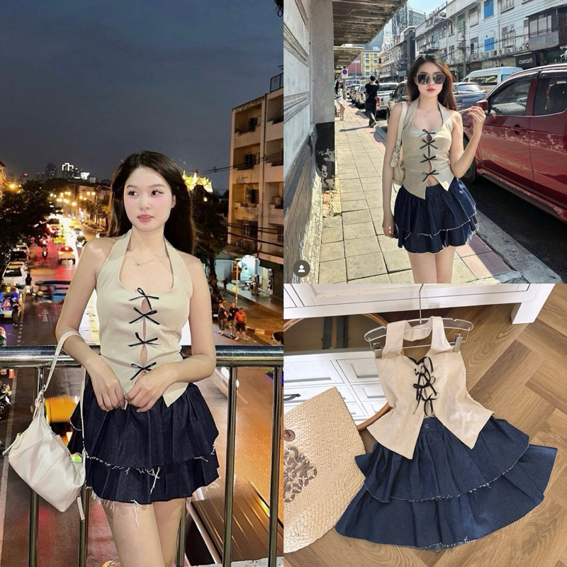 Set áo crop dạ nút bọc phối tay ren + chân váy