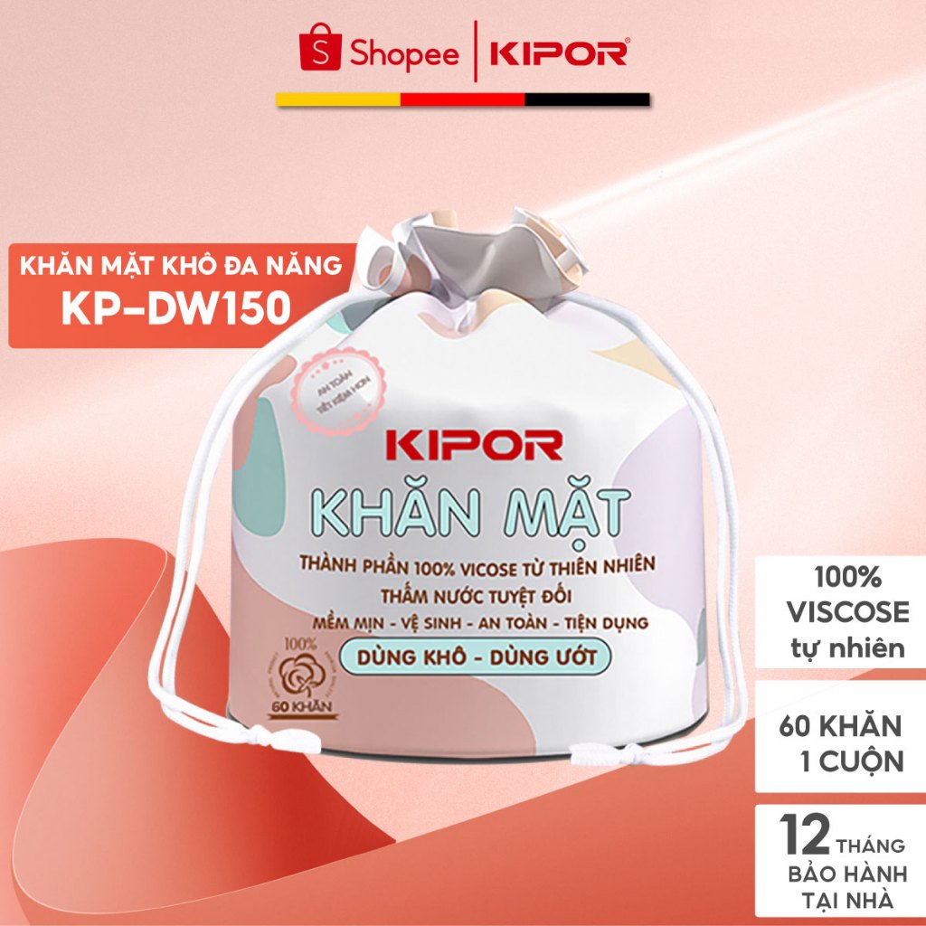 Khăn mặt khô đa năng Kipor dùng 1 lần lau khô, lau ướt - Kích thước 20x20 - Cuộn 60 khăn - Hàng chính hãng