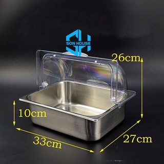 Khay GN inox 1/2 có nắp đậy mái vòm mở 180 độ đựng trái cây, thức ăn, bánh ngọt