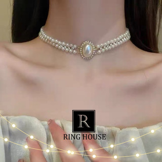 N82 Vòng cổ choker nữ hạt trai dự tiệc mặt tròn tròn viền ngọc sang đẹp Ring House