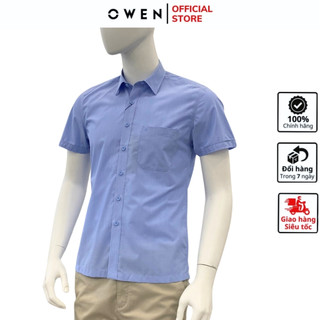 Áo sơ mi ngắn tay nam OWEN AB230744NT somi công sở cao cấp vải sợi tre mềm mát màu xanh dương trơn dáng body fit tà bằng