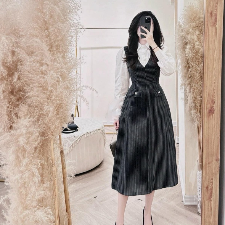 Đầm kẻ phối sơ mi công sở thanh lịch Roxie