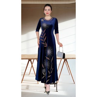 Đầm Trung Niên TRAN NGA  Dáng Dài N539 Vải Nhung Ép Đá Nhiệt Từ 50-75kg Ôm gọn Thanh lịch Nữ Women 