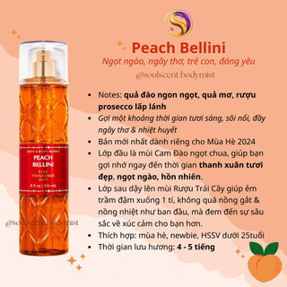 Body mist peach bellini xịt thơm toàn thân bath & body works | soul scent