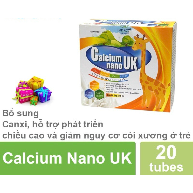 Calcium nano UK hỗ trợ canxi cho bé tăng chiều cao giảm nguy cơ còi xương ở trẻ loãng xương ở người lớn Hộp 20 ống