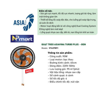 QUẠT TREO ASIA TURBO PLUS VY637891 - 90W - hoạt động êm mát xa công suất mạnh