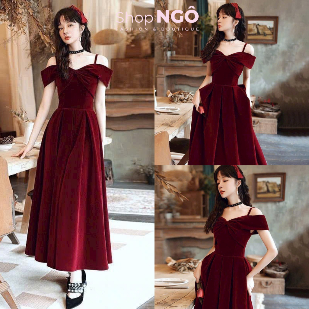 Đầm váy đi tiệc sang trọng thiết kế trễ vai dáng dài màu đỏ rượu,đầm dạ hội cô dâu đi bàn quý phái