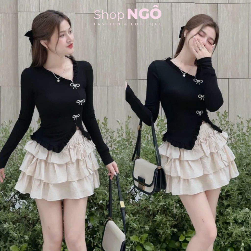 Set váy thời trang nữ,set áo thun len tăm đính nơ tiểu thue vạt chéo mix chân váy voan tầng ngắn sang chảnh