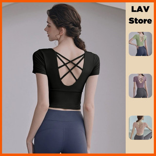 Áo tập gym, yoga, thể thao cộc tay crotop có đệm ngực , hở lưng đan lưng tôn dáng- LAV Store