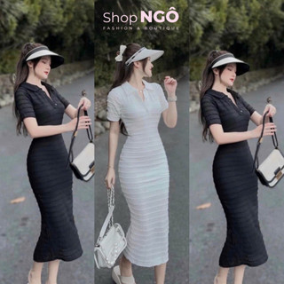 Đầm váy dài - Đầm váy body cổ sơ mi dáng dài tôn dáng 2 màu chất xô 2 lớp co giãn mát mềm thơi trang nữ xu hướng