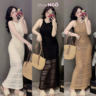 Đầm váy thời trang nữ,đầm body dài chất len ren sát tay kèm dây thắt eo phù hợp đi biển 3 tone màu hot siêu xịn