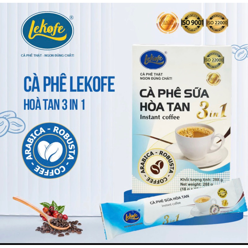 Cà phê sữa hòa tan 3in1 Lekofe - 100% cà phê nguyên chất - Đắng nhẹ thơm vị sữa - Hộp 16 gói 288g