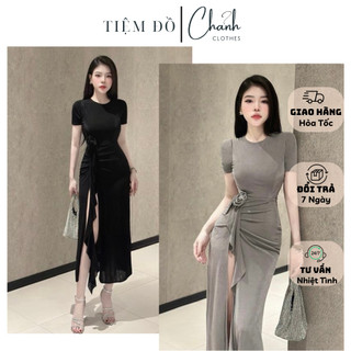 Đầm Body Cổ Tròn Xẻ Tà Nhúng Hông Phối Hoa Sang Chảnh Dự Tiệc Dạo Phố Kèm ảnh Thật