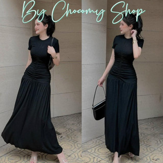 Đầm nữ dáng dài maxi cổ tròn nhún eo tay ngắn, đầm body nữ dáng dài - ChocomyShop