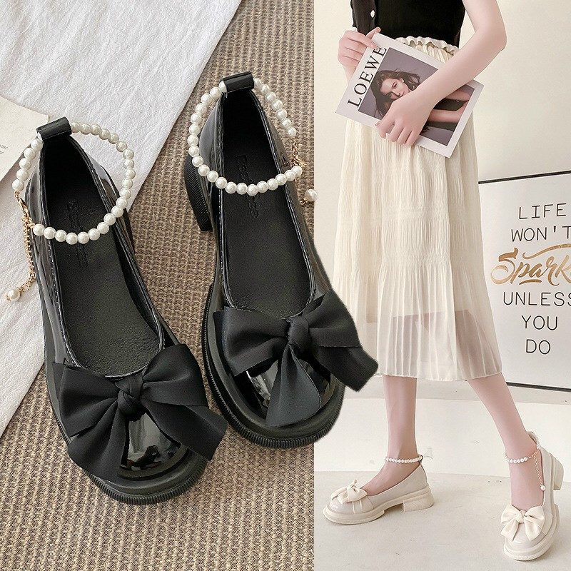 ( Phom Rộng ) Giày Mary Jane Lolita Búp Bê Ullzang phối nơ dây ngọc da mềm êm chân ( Đặt lùi 1 size )
