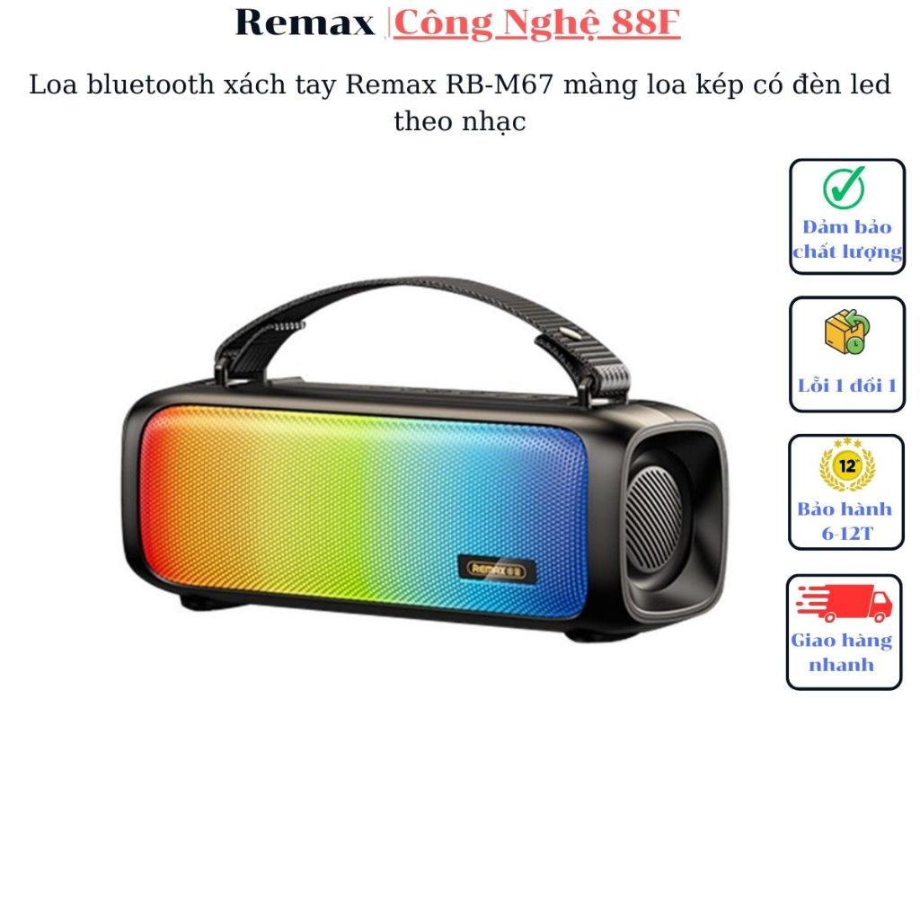 Loa bluetooth xách tay Remax RB-M67 màng loa kép có đèn led theo nhạc