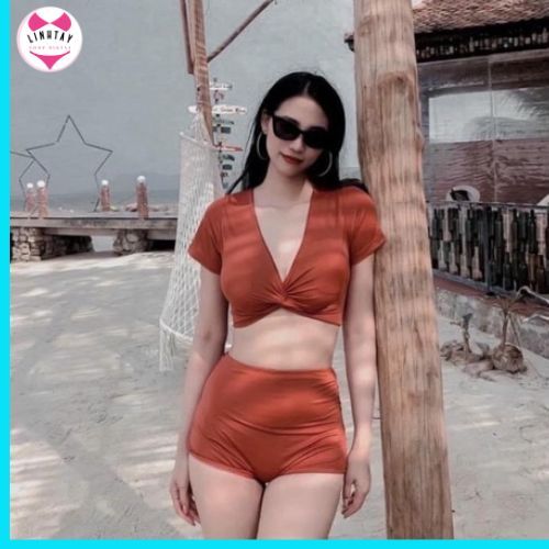 BIkini 2 mảnh áo cộc tay xoắn bụng quần nhún, bộ bơi rời đi biển cho nữ quần đùi | BigBuy360 - bigbuy360.vn