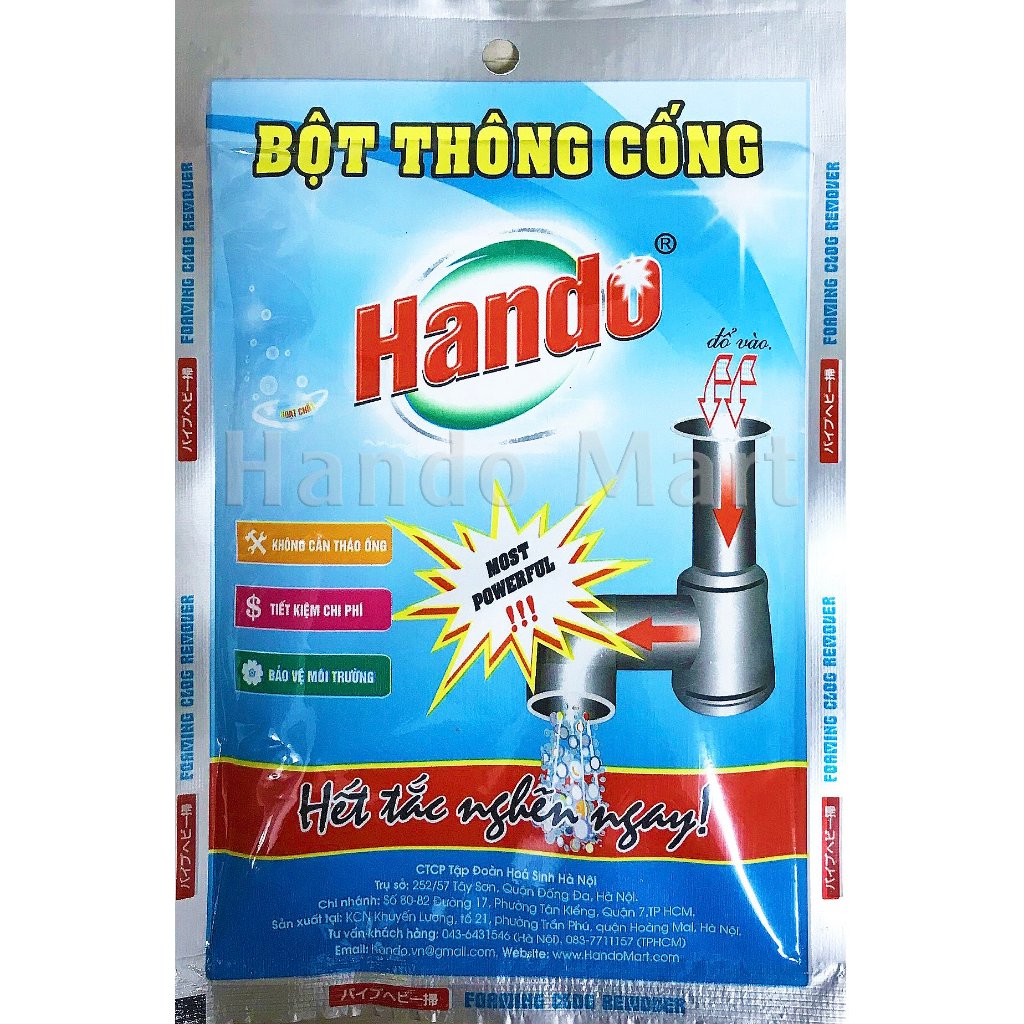 Thông tắc đường ống cống, lavabo, bồn rửa chén, bồn cầu Hando 100g (gói bột)