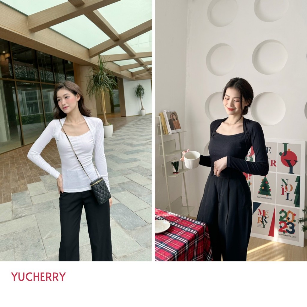 YU CHERRY | Áo thun nữ cách điệu tay dài cổ vuông Round Collar Top YA443