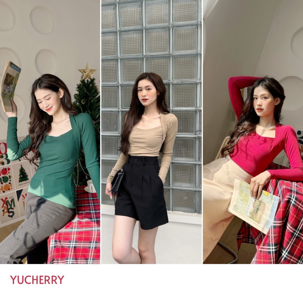 YU CHERRY | Áo thun nữ cách điệu tay dài cổ vuông Round Collar Top YA443