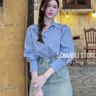 Sơ mi thô mềm đính đá xanh trắng tay bồng dáng rộng xuất dư Za.Ra, sơ mi xanh thiên thanh thêu tay đính đá tay bồng