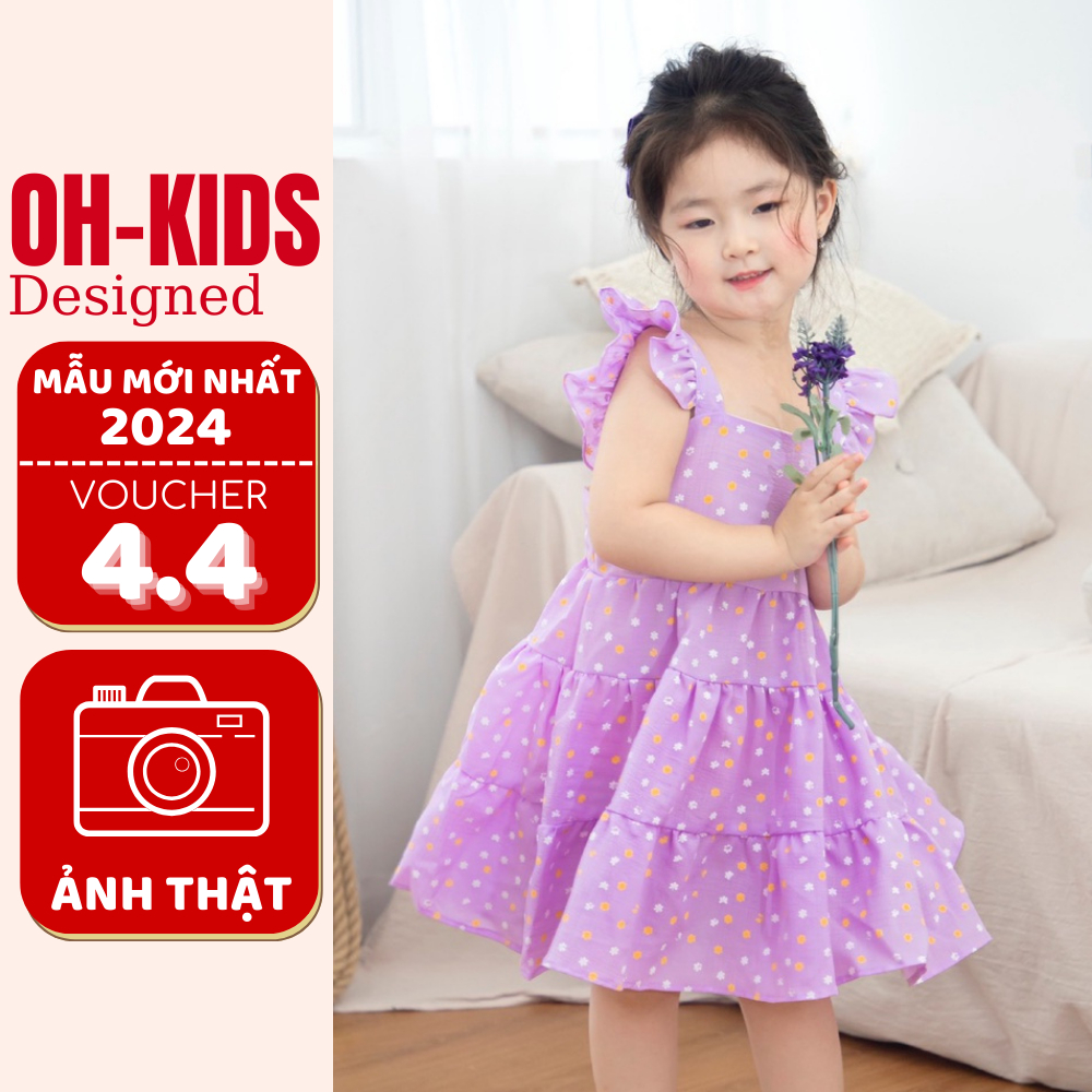 Váy bé gái hai dây vai nhún cánh tiên OH KIDS vải đũi mềm chấm bi thắt chun lưng quà sinh nhật cho bé gái cho bé 9-32kg