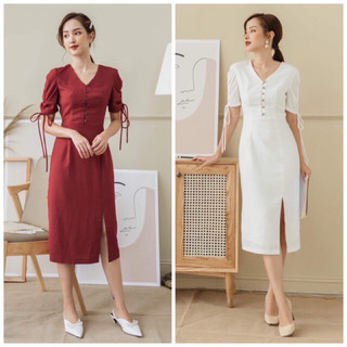 Váy Công Sở Cổ V Dây Rút
