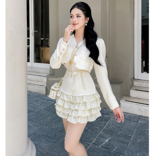 Set váy dạ tiểu thư váy 2 dây bèo tầng kèm áo khoác ngoài chất dạ nhũ cao cấp phong cách tiểu thư sang chảnh