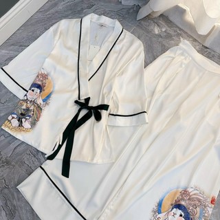 Đồ bộ nữ kimono truyền thống cổ V cột nơ chất liệu lụa gấm xước