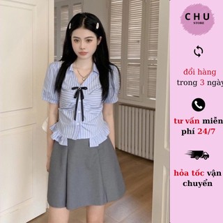 Sét sọc xanh kèm chân thiết kế CHU HƯƠNG HÒE chiết ly tạo điểm nhấn tặng tag nơ đen