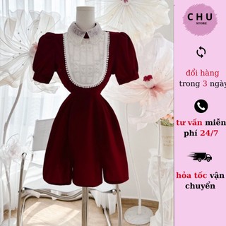 Đầm Nhung phối ren kiểu ngắn CHU -STORE  sang trọng dành cho bạn gái.