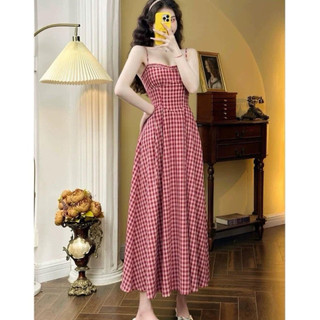 Đầm váy kẻ caro đỏ hai dây có mút ngực dáng dài, Váy hai dây dáng maxi basic thiết kế cao cấp đi chơi đi biển mùa hè L1